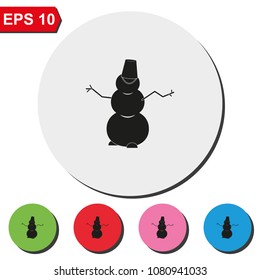 Winter snowman with bucket flat round colorful vector icon.