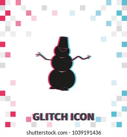 Winter snowman with bucket  glitch effect vector icon.