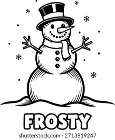 Ilustración vectorial de personaje de muñeco de nieve de invierno con texto escarchado para tarjetas de felicitación de vacaciones de Navidades sobre un fondo transparente.