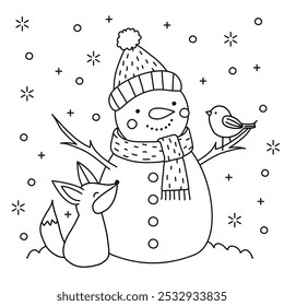 Winter snowman with fox and bird vector line drawing illustration