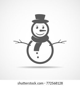 Winter snowman with hat and scarf. Vector illustration. Gray snowman icon in flat design,