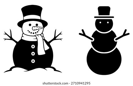 Winter snowman icon set featuring a detailed smiling snowman with a top hat and scarf alongside a simplified silhouette version for Christmas design.