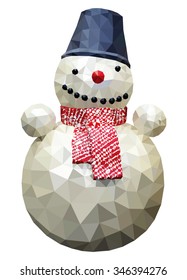 A winter snowman isolated against white, low poly vector illustration.
