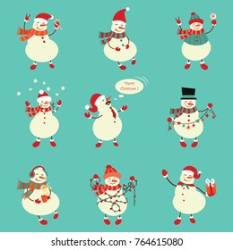 Winter snowman set. Funny snowmen in different suits. Vector illustration.