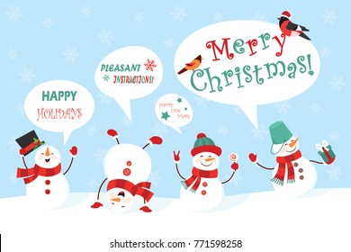 Winter snowman set. Funny snowmen in different suits with congratulations. Vector illustration.