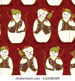 Winter Snowman Star Friends Seamless Vector Pattern, Hand Drawn Illustration for Winter Fashion Prints, Holiday Stationery, Xmas Decor, Gift Wrap Design, Christmas Blog Backgrounds, Traditional Noel