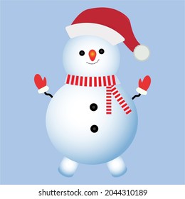 Winter snowman vector design on a blue background. Christmas design with a snowman. A snowman with neck muffler, winter hat, tree branch, buttons, legs, and gloves.