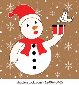 Winter Snowman vector illustration with gift and snowflakes