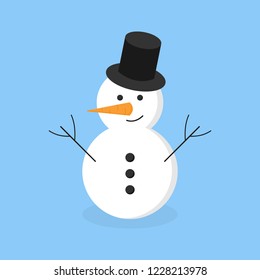 Winter snowman vector illustration icon. Seasonal, holiday, christmas snowman with carrot nose, eyes, buttons, branch arms and hat. Isolated on blue background.