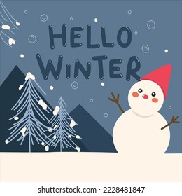 Winter snowman vector outdoor background with snow. Hello winter typography in empty snowy space for winter greeting design. Vector illustration