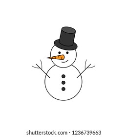 Winter snowman vector outlined illustration icon. Seasonal, holiday, christmas snowman with carrot nose, eyes, buttons, branch arms and hat.