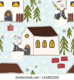 Winter Snowman Village Seamless Christmas  Vector Pattern, Hand Drawn Illustration for Winter Fashion Prints, Holiday Stationery, Xmas Decor, Gift Wrap Design, Blog Backgrounds, Modern Scandi Yule