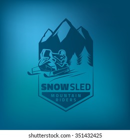 Winter snowmobile emblem on blue mesh background.