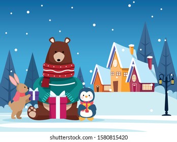 winter snowscape christmas scene with bear grizzly vector illustration design
