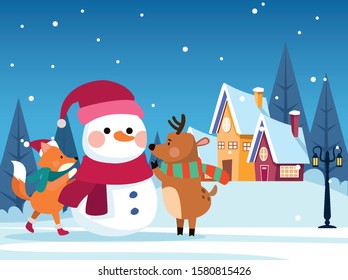 winter snowscape christmas scene with snowman vector illustration design
