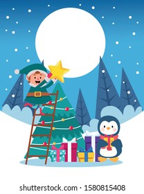 winter snowscape christmas scene with tree and penguin vector illustration design