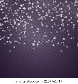 Fondo de tormenta de nieve en invierno. Navidad con copos de nieve cayendo, brillando hermosa nieve sobre fondo transparente. Copos de nieve blancos volando en el aire. Textura mágica de nevada blanca. Ilustración vectorial.