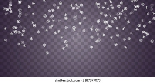 Winter snowstorm backdrop. Falling snowflake Christmas shining beautiful snow on transparent background. White snowflakes flying in the air. Magic white snowfall texture. Vector illustration.