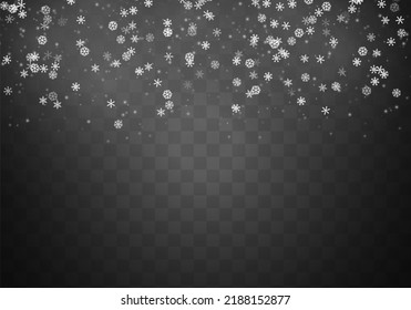 Winter snowstorm backdrop. Falling snowflake Christmas shining beautiful snow on transparent background. White snowflakes flying in the air. Magic white snowfall texture. Vector illustration.
