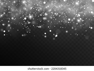 Winterschneesturmhintergrund. Fallender Schneeflocken Weihnachten scheint schönen Schnee auf transparentem Hintergrund. Weiße Schneeflocken fliegen in der Luft. Zauberweiße Schneefall-Textur. Vektorgrafik.