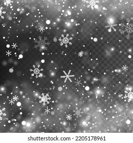Winter snowstorm backdrop. Falling snowflake Christmas shining beautiful snow on transparent background. White snowflakes flying in the air. Magic white snowfall texture. Vector illustration.