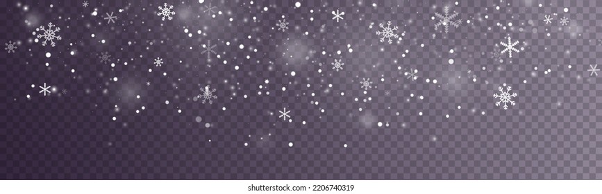 Fondo de tormenta de nieve en invierno. Navidad con copos de nieve cayendo, brillando hermosa nieve sobre fondo transparente. Copos de nieve blancos volando en el aire. Textura mágica de nevada blanca. Ilustración vectorial.