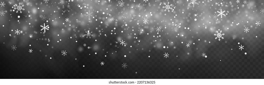 Winter snowstorm backdrop. Falling snowflake Christmas shining beautiful snow on transparent background. White snowflakes flying in the air. Magic white snowfall texture. Vector illustration.