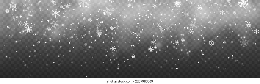 Winter snowstorm backdrop. Falling snowflake Christmas shining beautiful snow on transparent background. White snowflakes flying in the air. Magic white snowfall texture. Vector illustration.