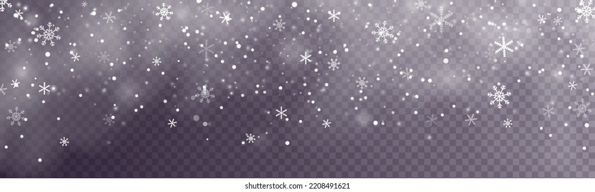 Winter snowstorm backdrop. Falling snowflake Christmas shining beautiful snow on transparent background. White snowflakes flying in the air. Magic white snowfall texture. Vector illustration.
