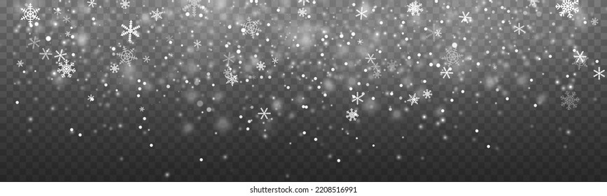 Winter snowstorm backdrop. Falling snowflake Christmas shining beautiful snow on transparent background. White snowflakes flying in the air. Magic white snowfall texture. Vector illustration.