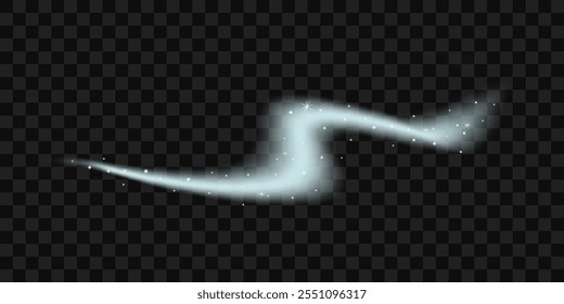 Winter snowstorm. Snowy air flow with flying snowflakes. Cold frosty whirlwind. Realistic 3d vector illustration isolated on transparent background.