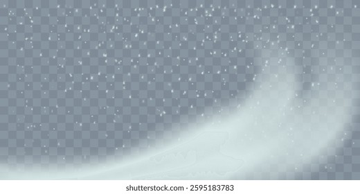 Winter snowstorm. Snowy air flow with flying snowflakes. Cold frosty whirlwind. Realistic 3d vector illustration isolated on transparent background.