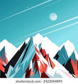 Winter Snowy Alps Mountain landscape outdoor moon sky and clouds snow sports ski Holiday travel, National Park. Europe rocky hill mount Alpine environment Hand drawn, template vector panorama scenic