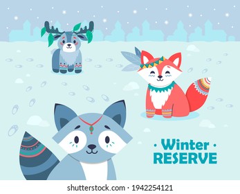 Diseño invernal de fondo nevado con lindos animales tribales. Personajes del bosque sonrientes sentados sobre la nieve. El concepto de fauna silvestre y bosques. Plantilla para página web promocional o de invitación