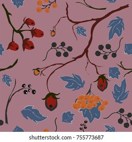 Winter Snowy Background filed with  berries. Winter, Merry Christmas collection. Falling Snow. Blue Background. Eps 10