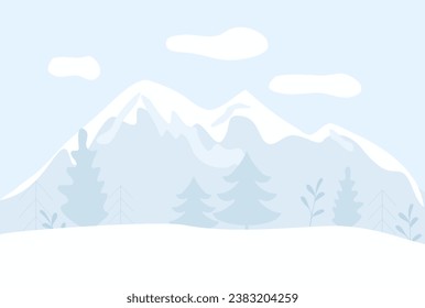 Winter snowy background with forest and mountains, vector