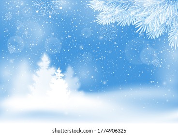 Winter snowy background. Landscape with snowfall, fir tree and spruce branches with frost. Backdrop for Christmas and New Year congratulation card, banner, etc. Vector illustration.