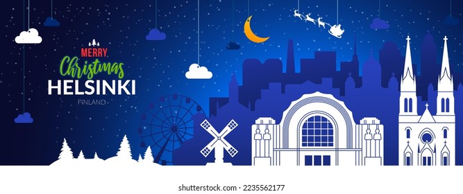 Winter snowy banner with Christmas holiday Helsinki city, Finland