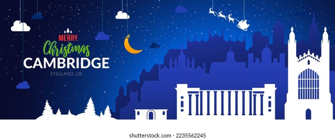 Winter snowy banner with Christmas holiday Cambridge city, The United Kingdom