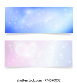 Winter snowy banners with snowflakes and lights effects. Vector illustration for Happy New Year greeting cards, invitations, web headers or advertising