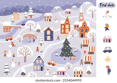 Winter snowy cartoon town city concept easy simple drawing map scene. Find hidden objects items in picture puzzle game. Merry Christmas background New Year Feliz navidad, Neujahr, Capodanno,le Nouvel