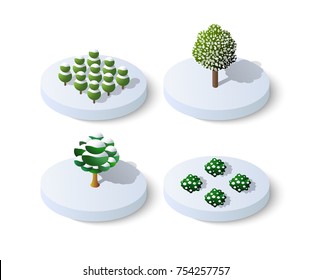 Winter snowy christmas icon nature trees forest landscape. Isometric tree design icon.