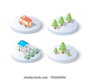 Winter snowy christmas icon nature trees forest landscape. Isometric tree design icon.