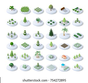 Winter snowy christmas set icon nature trees forest landscape. Isometric tree design icon.