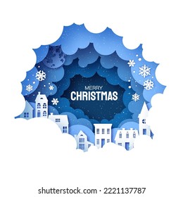 Winter Snowy Christmas tree. Urban Countryside Landscape with Houses. City Village Full Moon. Happy New Year paper art craft style. Snowy frame. Blue. Vector