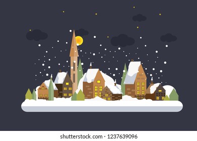 Winter snowy cityscape with houses, trees Urban winter landscape. Winter Landscape Background. Flat Illustration.