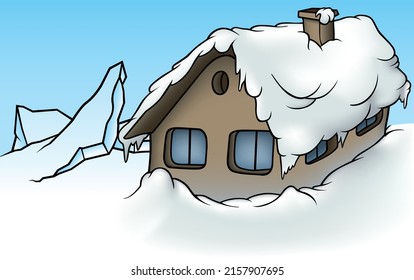 Winter Snowy Cottage with Snow and Polar Frozen Landscape - Cartoon Illustration with Background, Vector