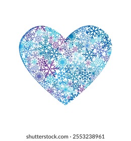 Winter snowy cute heart. 3D paper style creative heart. Greeting card design. Hello winter editable poster, social media template. Set of realistic snowflakes. I love winter network post background.