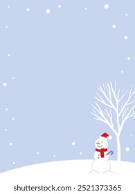 Winter snowy day snowman and tree background illustration in snow field