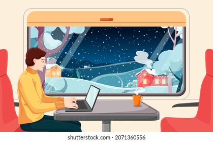 Winter snowy evening outside the train window. A man works in a train carriage. Vector bright illustration. The man is typing on a laptop. Night village landscape with mountains, forest and houses.